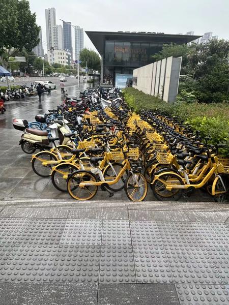 武汉道路旁设置的骑行道及自行车标识