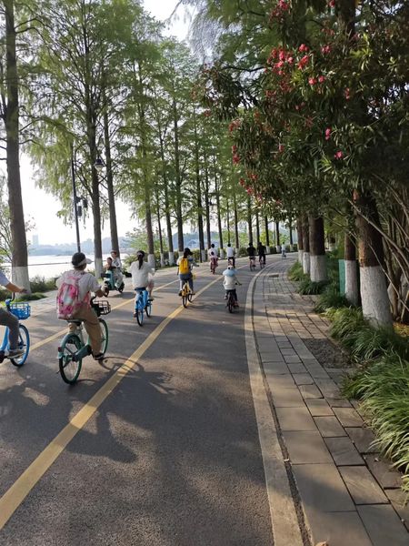 市民在武汉城市绿道上骑行